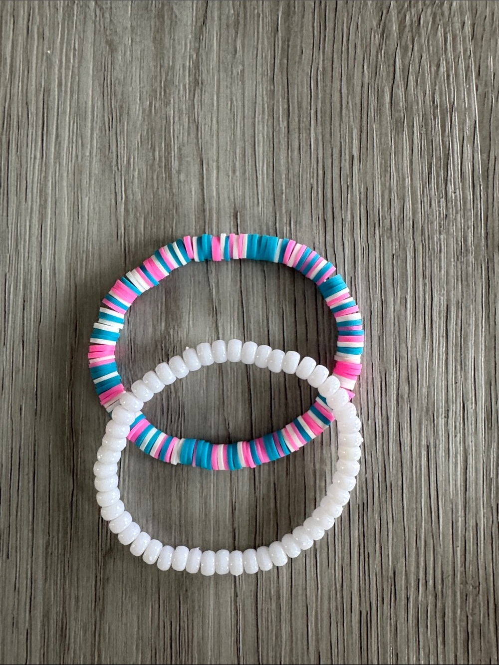 Pink, White & Blue Clay Beads Stretchy Beaded Bracelets